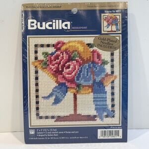BUCILLA Needlepoint Kit Victorian Hat Flowers 5x5 Wool Small Project 4821 Vtg